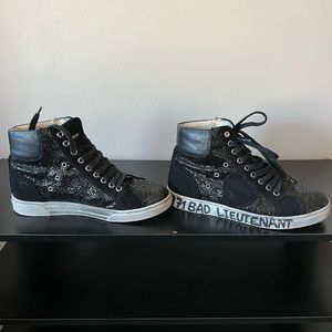 Saint Laurent black leather and glitter bad lieutenant high top sneakers size 39